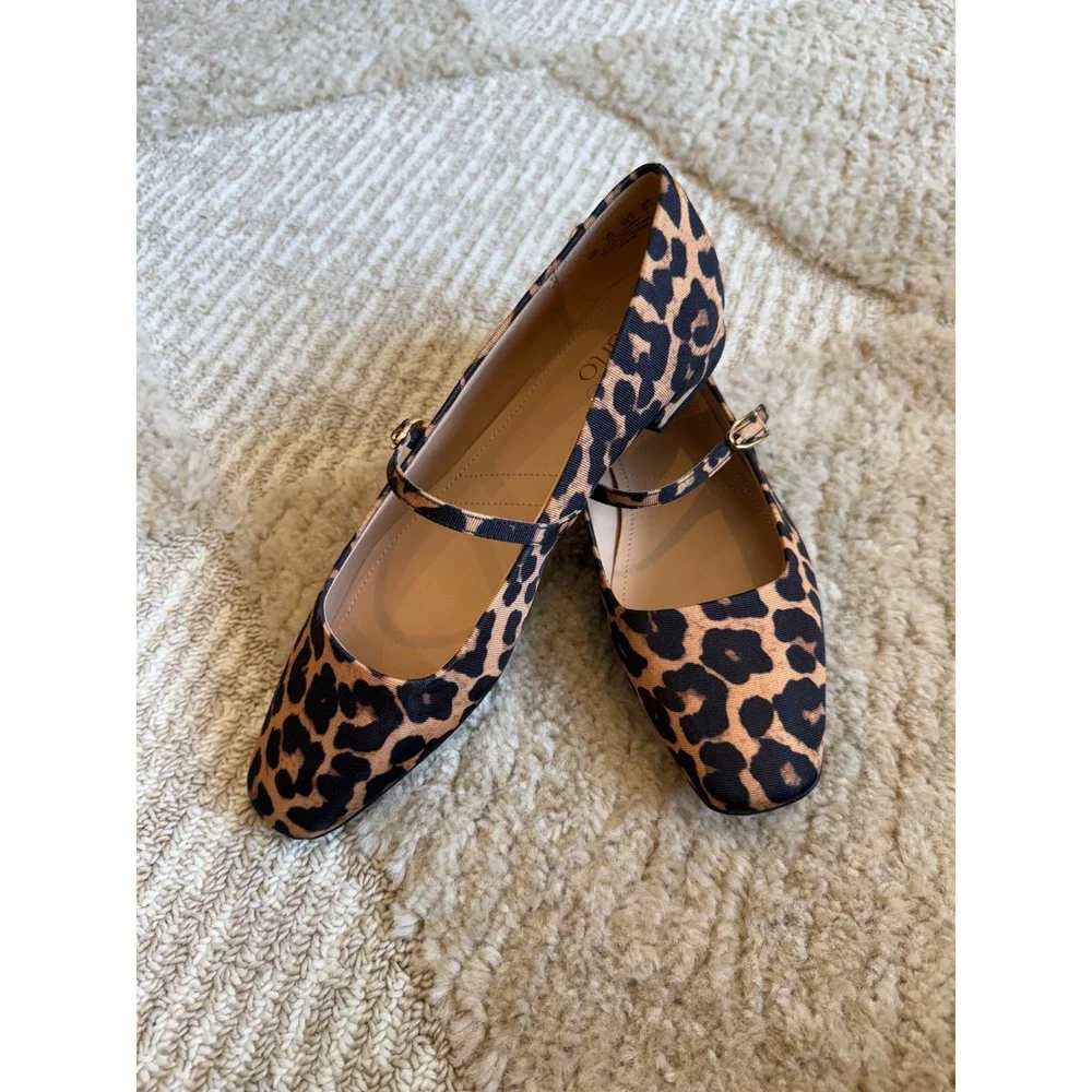 Franco Sarto Leopard Print Mary Jane Flats Square Toe Buckle Strap Shoes Size 8